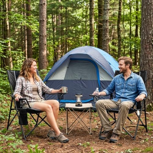 Romswi Portable Folding Camping Chair for Adults, Heavy Duty Outdoor Sports Chair with Dual Cup Holders, Side Pocket and Carry Bag, Camping Chair for Lawn, Beach, Fishing, Picnic and Tailgating,Black