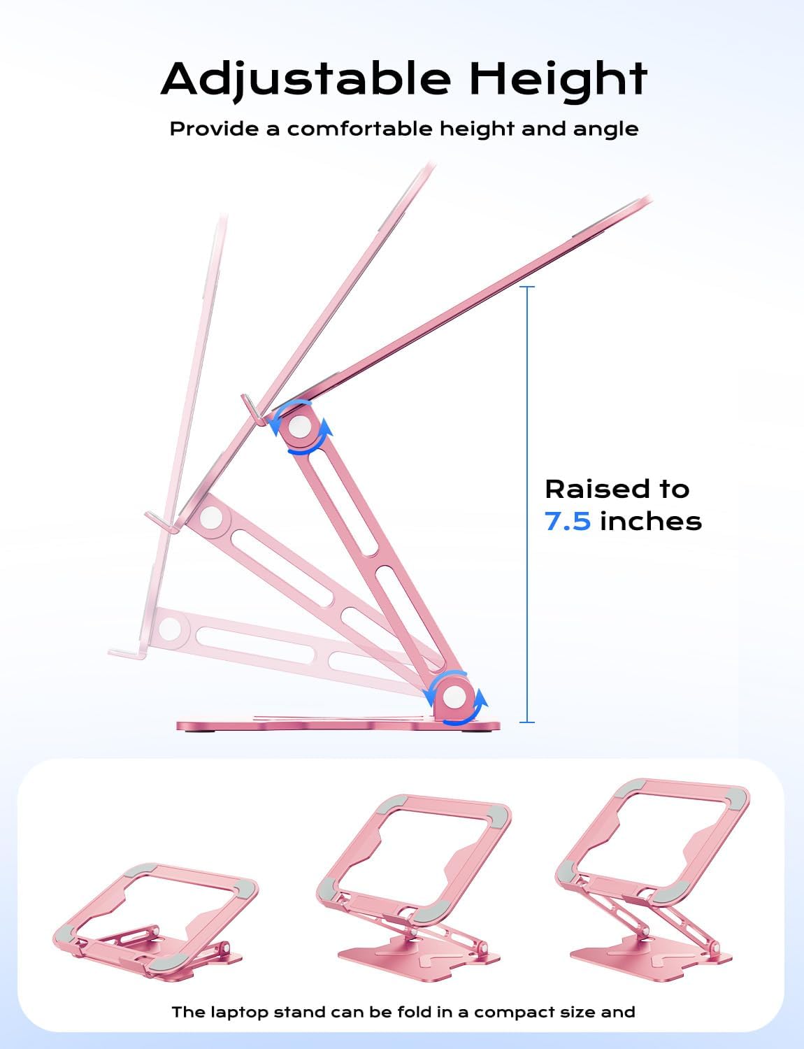 Adjustable Laptop Stand for Desk, Metal Foldable Laptop Riser, Portable Laptop Holder Mount, Ventilated Cooling Computer Notebook Stand for MacBook Air Pro, All 10-16'' Notebooks Laptops, Pink