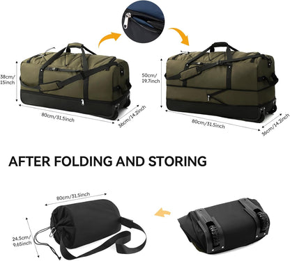 CONTAIL 32" Soft-Sided Rolling Duffle Bag with 2 Wheels,Expandable from 110L to 140L, Foldable Travel Duffel with Multiple Compartments,Army Green