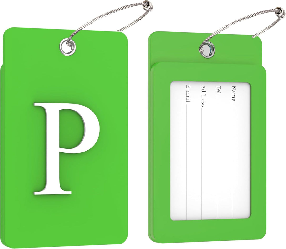 Gostwo 2 Pack Luggage Tags for Suitcases, 26 Initial Letter Travel Luggage Baggage Identification Labels ID Tag Fully Bendable Tags with Stainless Steel Loop (Green) (Letter P)