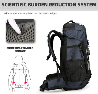 King'sGuard 60L Hiking Backpack Large Waterproof Camping Backpack for Men and Women Lightweight Frameless Backpacking Backpack with Rain Cover (Navy Blue)