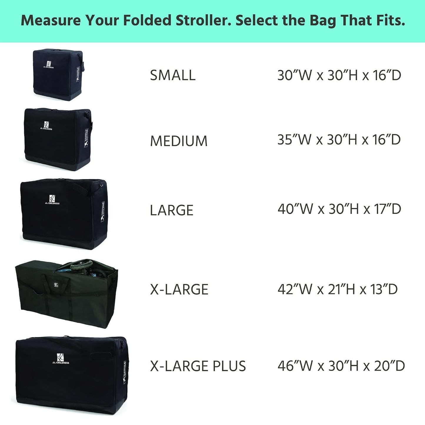 J.L. Childress Universal Stroller Travel Bag for Airplane - Fits Most Baby Strollers, Flying Essentials, Airport Accessories for Gate or Luggage Check, ID Card, AirTag Compatible - Medium, Unpadded