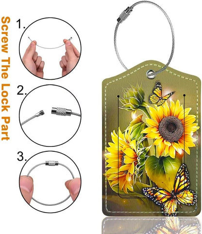 2 Pack Luggage Tag for Suitcase, Cute Unique Leather Bag Tags Identifiers Privacy Cover ID Label with Durable Steel Loop for Women Men Kids Girls Travel, Sunflower