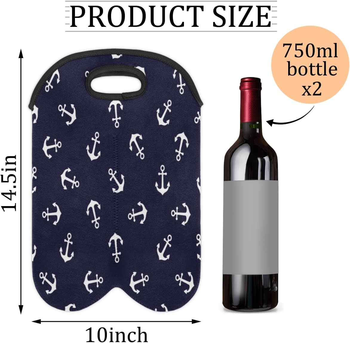 Nautical Anchors 2 Bottle Wine Carrier Tote Bag Insulated Wine Bottles Neoprene Bag with Secure Carry Handle Portable Wine Cooler Bag for Travel Picnic Beach