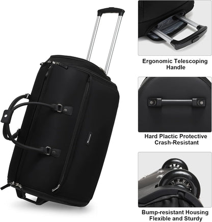 Modoker Rolling Garment Bags, Large Garment Duffle Bag with Wheels, 3 in 1 Garment Suit Luggage Bag for Women Men Business Travel Weekender, Black