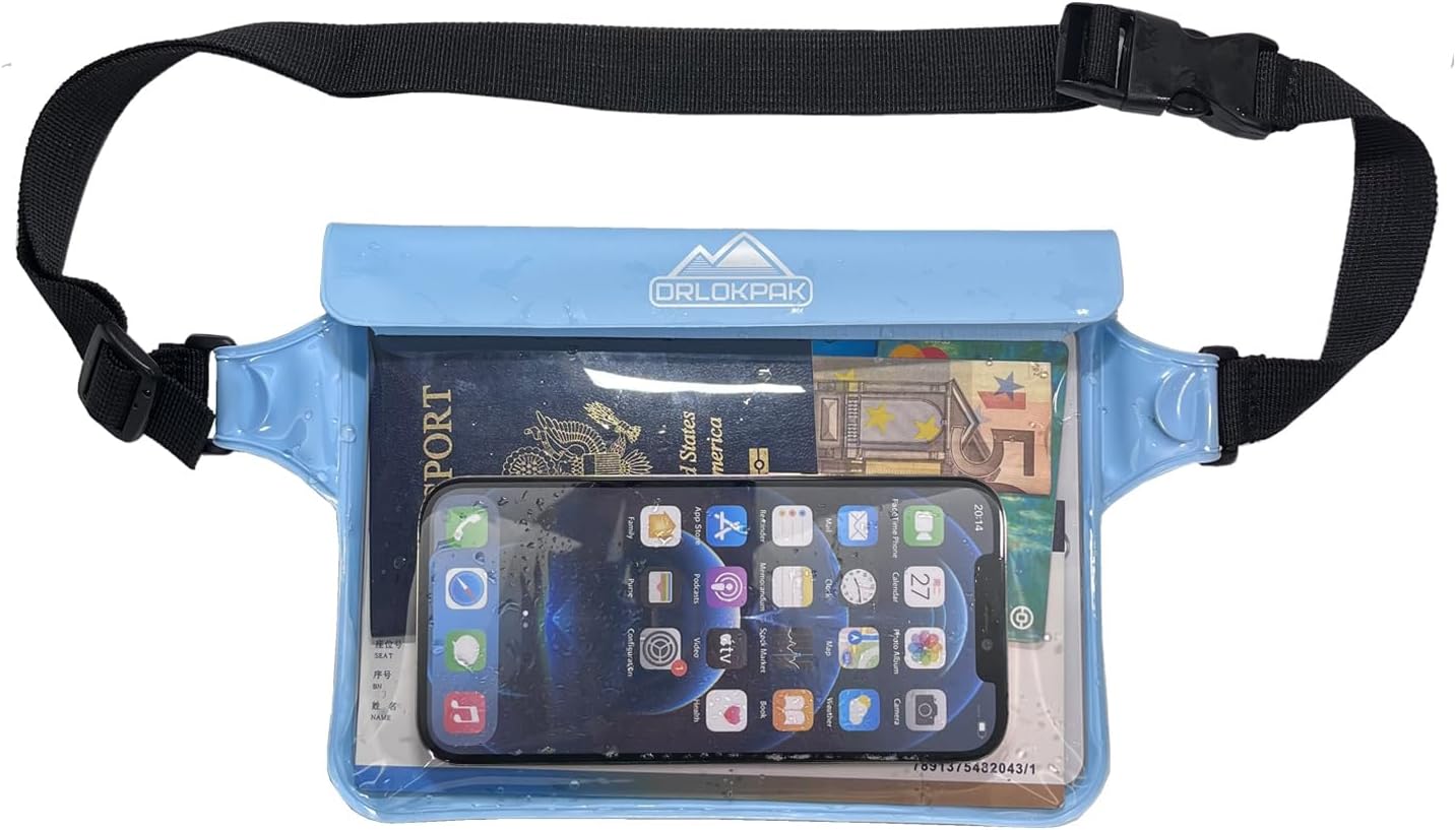 DRLOKPAK Waterproof Waist Bag Pouch Fanny Pack Bum Bag with Secret Holder Keeps Your Phone Kindle Wallet Watch & Valuables Dry - Perfect for Surf Canoe Swim Snorkel Dive Beach Pool(Blue)