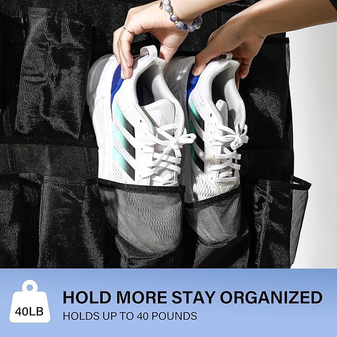 28 Mesh Pockets Hanging Shoe Organizer, Over the Door Shoe Organizer，Closet Storage Holder for Back of Door Storage Holder for Back of Door(Black)