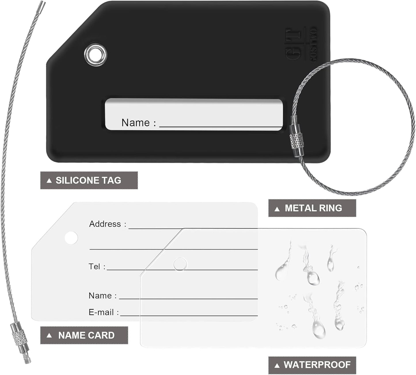 8 Pcs Luggage Tags for Suitcases, 26 Initial Letter Travel Luggage Baggage Identification Labels ID Tags Fully Bendable Tags with Stainless Steel Loop (Letter K, Black)