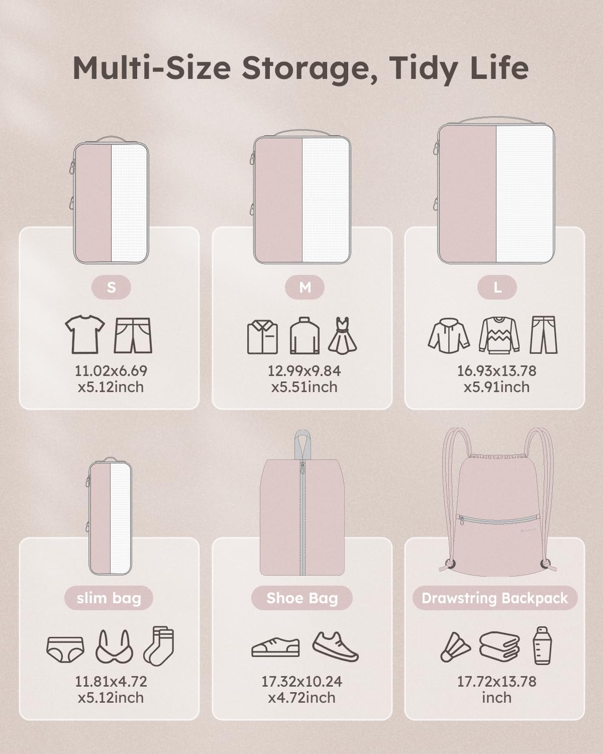 6 Set Compression Packing Cubes for Travel, Bonus Versatile Drawstring Backpack, Lightweight Luggage Organizer Bags, Sturdy Travel Accessories for Suitcase, Pink