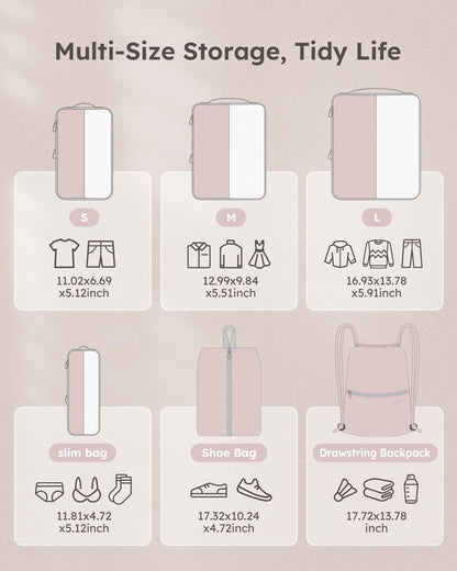 6 Set Compression Packing Cubes for Travel, Bonus Versatile Drawstring Backpack, Lightweight Luggage Organizer Bags, Sturdy Travel Accessories for Suitcase, Pink