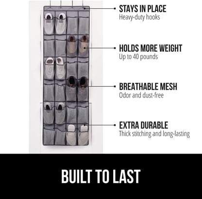 GORILLA GRIP Over the Door Shoe Organizer, 24 Large Breathable Mesh Pockets, Space Saving Hanging Storage Holder, Closet Rack Hanger Holds Up to 40 lbs, Hangs on Closets for Shoes, Accessories, Gray