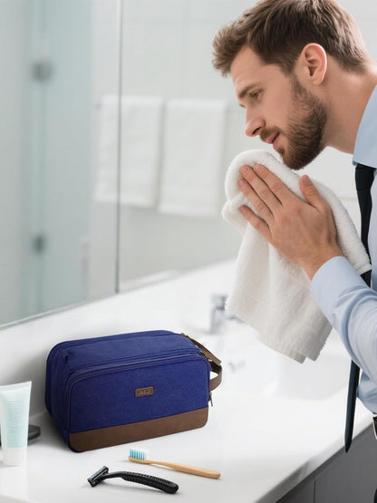 WANDF Toiletry Bag for Men Travel Toiletry Organizer Canvas and Leather Dopp Kit Water-Resistant Shaving Bag for Travel Accessories (Blue, Large)