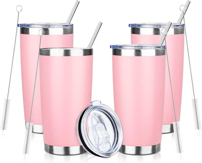 20oz Tumbler with Straw and Brush, Stainless Steel Vacuum Insulated tumbler, Double Wall Insulated Coffee Tumbler for Outdoor, Home, Travel,Office (Light pink,4pcs)