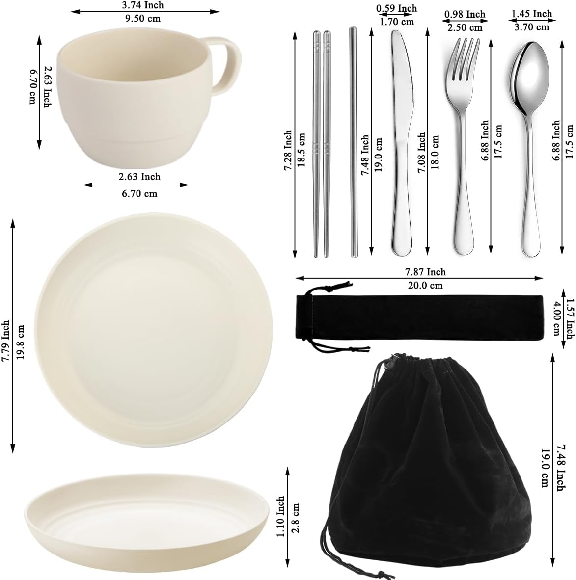 Camping Essentials Set, HOMQUEN Camping Plates and Bowls Set, Coffee Mug, Travel Cutlery Set Include Spoon, Fork, Knife for Work, Outdoor,Picnic, Camp （White）