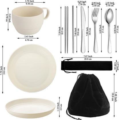 Camping Essentials Set, HOMQUEN Camping Plates and Bowls Set, Coffee Mug, Travel Cutlery Set Include Spoon, Fork, Knife for Work, Outdoor,Picnic, Camp （White）