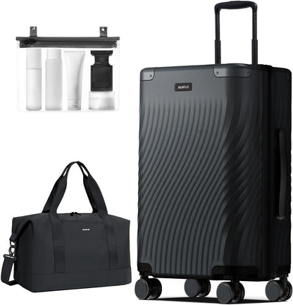ECOHUB Hardside Expandable Carry On Luggage, Recycled PC 24" Rolling Luggage 26x16x11 Airline Approved with Spinner Wheels & TSA Lock, Lightweight Hardshell Travel Suitcase, 24inch Carry-on Black