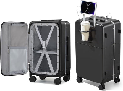 Hanke 20 Inch Carry On Luggage with Cup Holder and Charge,Top Opening Hard Shell Suitcases with Wheels and Dividers,Aluminum Frame Trunk Luggage Small Suitcase with Lock for Travel,Jet Black