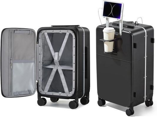 Hanke 20 Inch Carry On Luggage with Cup Holder and Charge,Top Opening Hard Shell Suitcases with Wheels and Dividers,Aluminum Frame Trunk Luggage Small Suitcase with Lock for Travel,Jet Black
