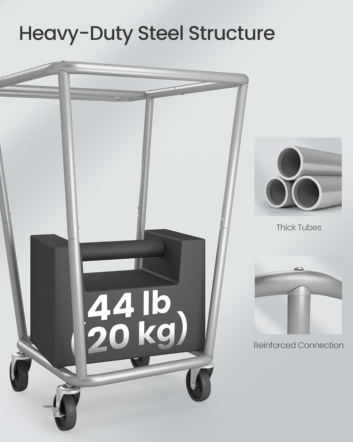 SONGMICS Laundry Basket with Wheels, 34.3 Gallons (130 L) Rolling Laundry Hamper with Removable Bag, Heavy-Duty Steel Frame, Ink Black URLS008B01