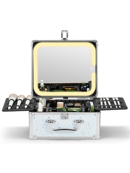 Qislee Makeup Box with A Detachable Lighted Mirror, Waterproof Travel Train Case, Cosmetic Organizer and Makeup Suitcase with Adjustable Dividers, Magnetic LED Mirror(Snow White)