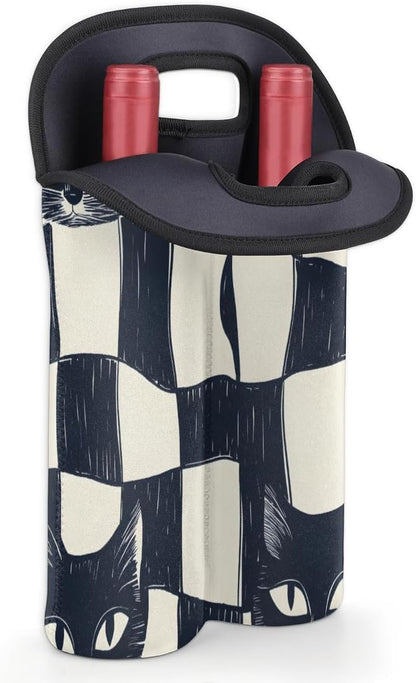 Neoprene Wine Tote, Bottle Carrier Gag Insulating Neoprene Thicker, Insulated Wine Bag for Travel Holds Two Bottles, Bottle Carrier Bags Protect the Bottles, Checkered Cat