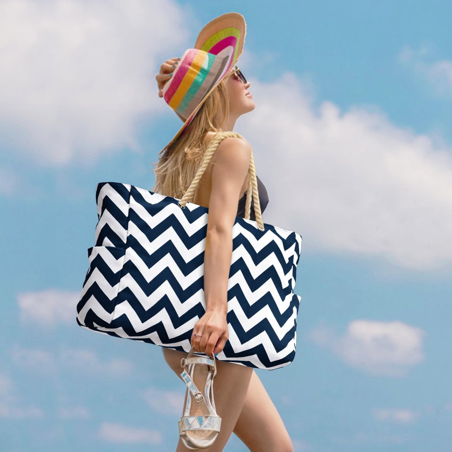 Becokan Beach Bag Large Beach Tote Bag for Women Waterproof Sandproof Swim Pool Bag With Zipper