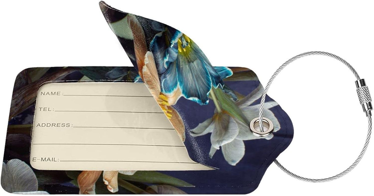 Retro Tulips Luggage Bag Case Tags for Travel Suitcase White Blue Yellow Flowers On Blue Background PU Leather Baggage Tag with ID Label Privacy Flap Cover 2 Pack