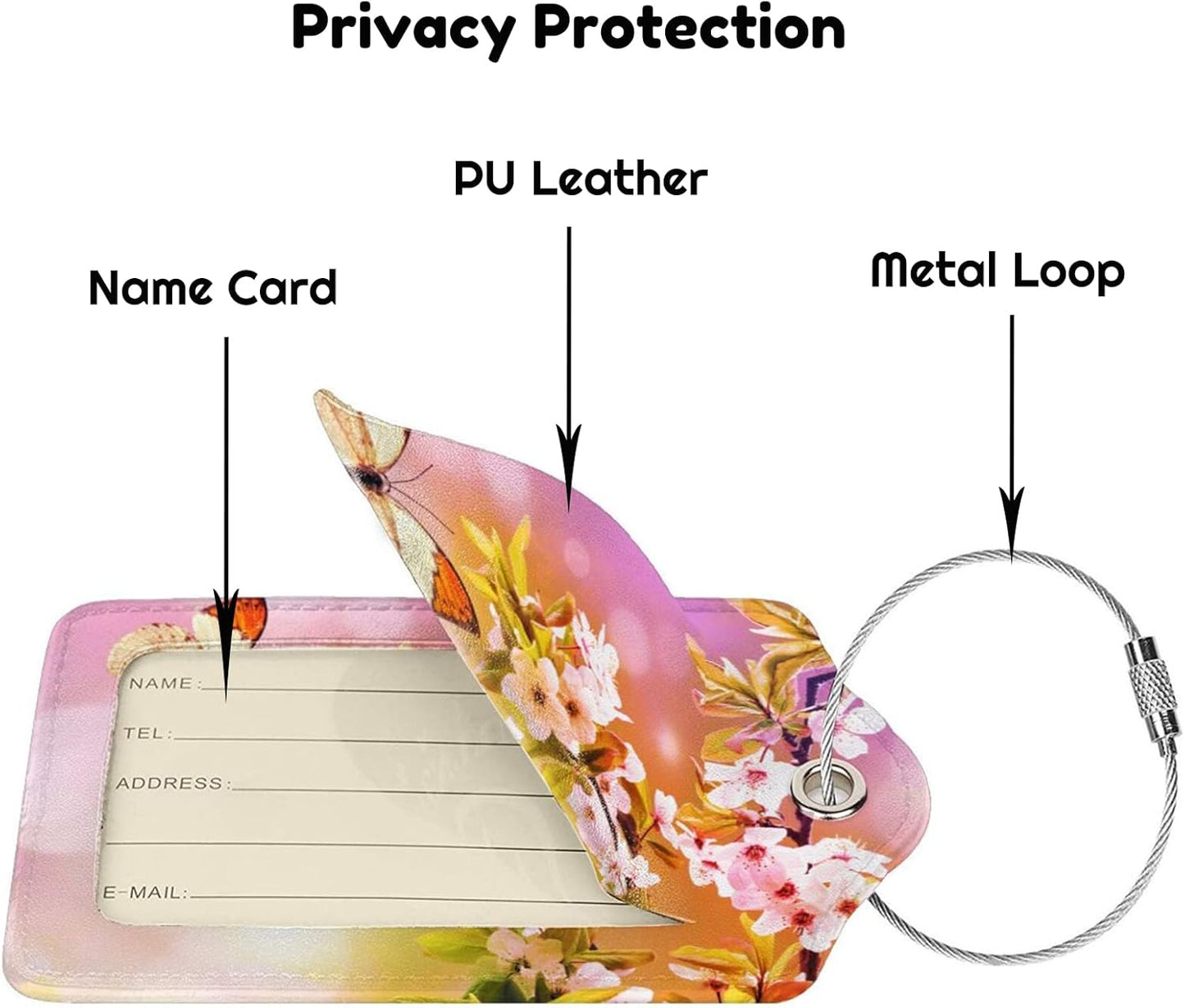 2 Packs Beautiful Spring Flowers PU Leather Luggage Tags Butterfly Suitcase Labels Bag Tags Cute Name ID Labels with Privacy Cover for Women Teen Girls Pink Yellow Background