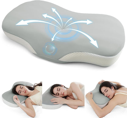 Cervical Neck Pillow - Ergonomic Memory Foam Pillow for Side, Back & Stomach Sleepers, Orthopedic Contour Pillow with Dual Height & Breathable Pillowcase(Grey)