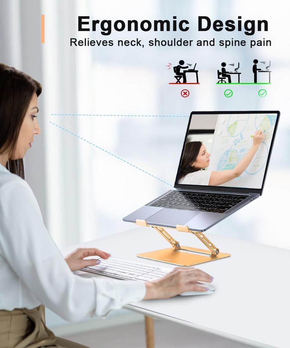 Adjustable Laptop Stand for Desk,Portable Laptop Stand Holder and Riser,Foldable Aluminum Notebook Computer Stands for MacBook Air Pro HP Lenovo Dell Samsung Chromebook, 10-15.6 inch, Gold