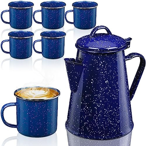 Dandat 60 oz Enamel Coffee Pot Set with 6 Pcs 12oz Mug, Blue Campfire