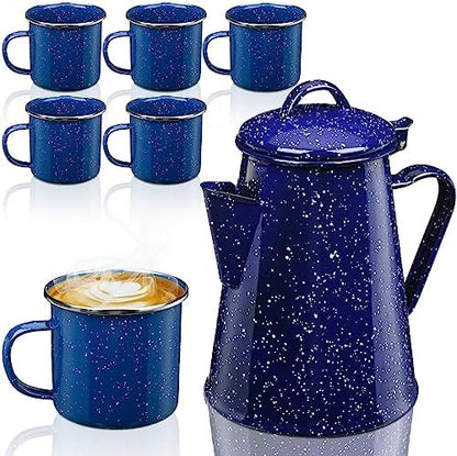 Dandat 60 oz Enamel Coffee Pot Set with 6 Pcs 12oz Mug, Blue Campfire
