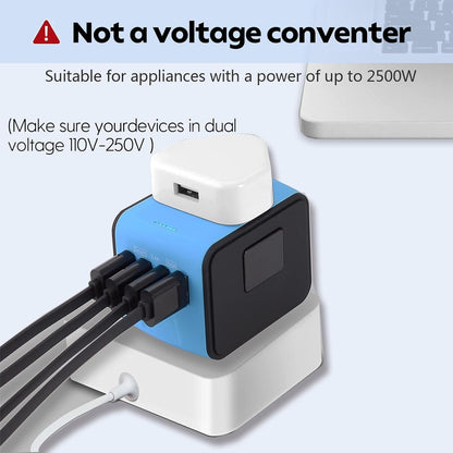 International Travel Adapter Universal Power Adapter Worldwide All in One 4 USB-A Ports Perfect for European US, EU, UK, AU 200+ Countries (Blue)