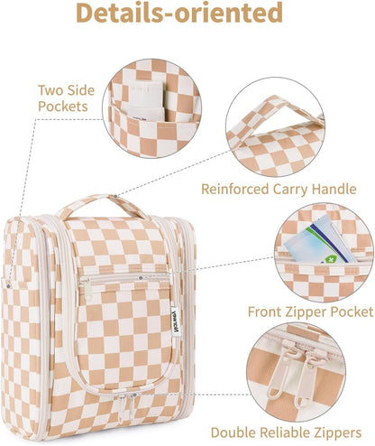 Narwey Small Checkered Hanging Travel Toiletry Bag for Women, Travel Bag for Toiletries, Makeup Bag Organizer Cosmetic Bags Make Up Bags for Women (Light Checkerboard)