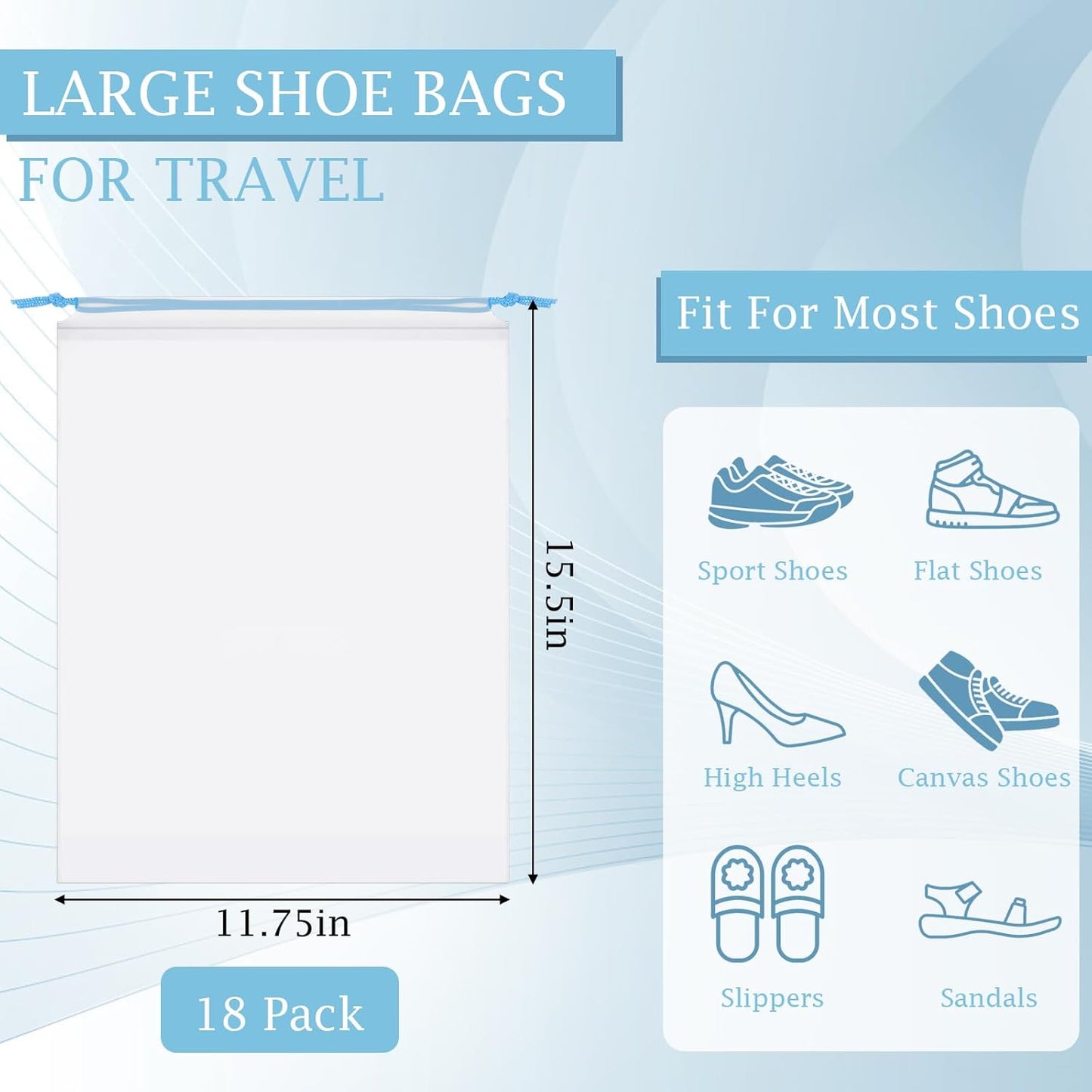 18 Pack Shoe Bags for Travel, 15.7" x 11.8" Clear Travel Shoe Bags for Packing with Colorful Drawstring, Large Waterproof Portable Travel Shoe Storage Bag Travel Essentials Women for and Men