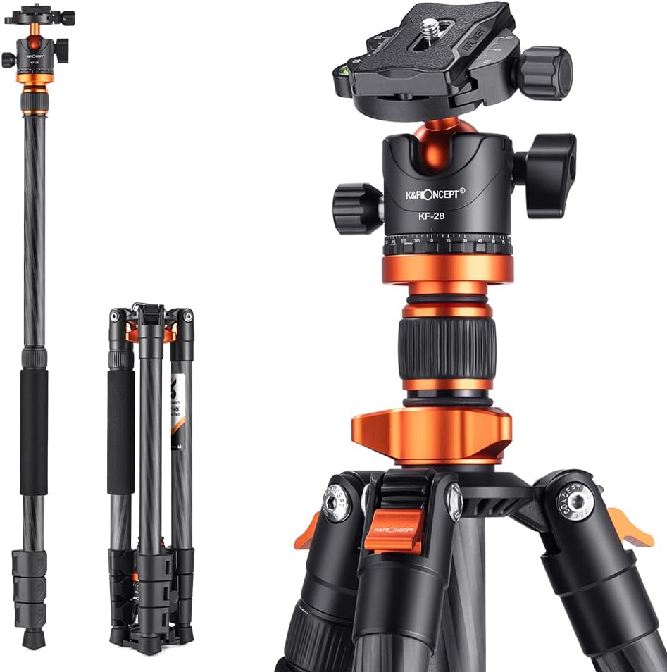 K&F Concept 63" Carbon Fiber Camera Tripods,D254C1+BH-28L Compact Tripod with Detachable Monopod, Metal Ball Head 22lbsLoad Capacity with Quick Release Plate for SLR DSLR Digital Camera/Camcorder