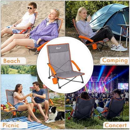 Portal Beach Chairs for Adults Camping Low Lightweight Portable Chair with Cup Holder Mesh Back Carry Bag for Outdoor Sand Lawn Travel Picnic Festival Concert