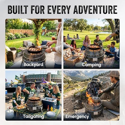 Volcano 2 Collapsible Grill Bundle, Portable Charcoal/Wood Grill Stove with Burner Ring Accessory, Folding Steel Camp Cooker, Carry Case Included for Camping, Tailgating & Outdoor Cooking