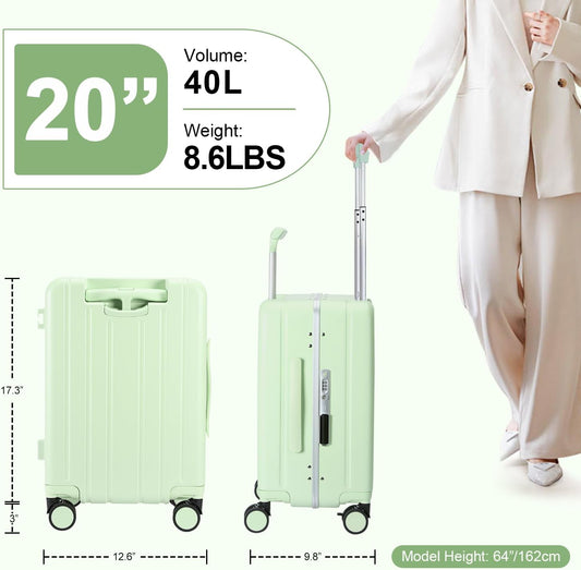 MRPLUM Carry On Luggage Double Handle Suitcase with Net Pocket,Hard Shell Spinner Wheels Luggage with TSA Lock&Seat Belt,20 inch,Green