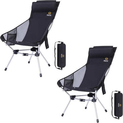 Nice C Ultralight High Back Folding Camping Chair, Backpacking Chair, Compact & Heavy Duty Outdoor, Travel, Picnic, Festival with 2 Side Pockets, Pillow &Carry Bag (Set of 2 Black)