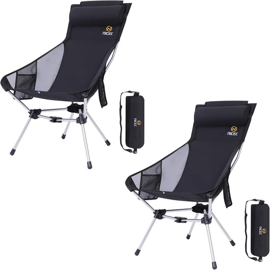 Nice C Ultralight High Back Folding Camping Chair, Backpacking Chair, Compact & Heavy Duty Outdoor, Travel, Picnic, Festival with 2 Side Pockets, Pillow &Carry Bag (Set of 2 Black)