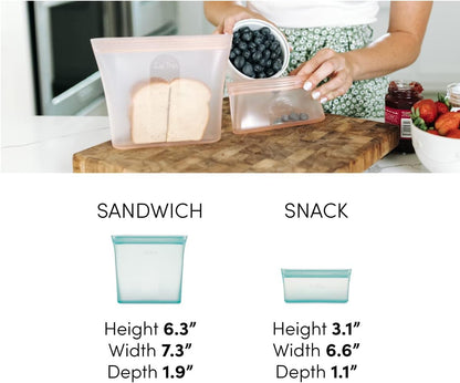 Zip Top Reusable Food Storage Bags | 3 Bag Set [Gray] - 2 Sandwich, 1 Snack | Silicone Meal Prep Container | Microwave, Dishwasher and Freezer Safe | Made in the USA
