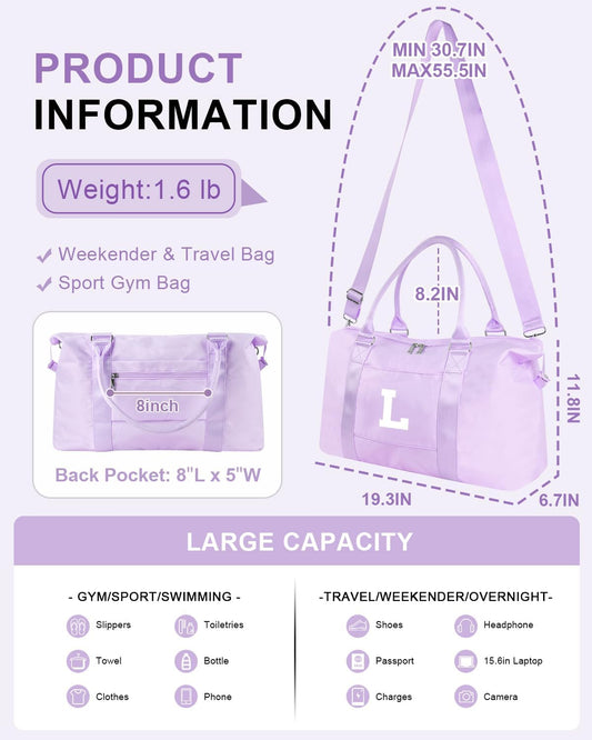 Daughter Niece Gifts for Teen Girl Kids, Initial Travel Duffel Bag Sports Gym Bag Personalized Gifts Weekender Bag，Monogram Overnight Bag Cute Dance Bag Birthday Bridesmaid Gifts for Women(Purple, L)