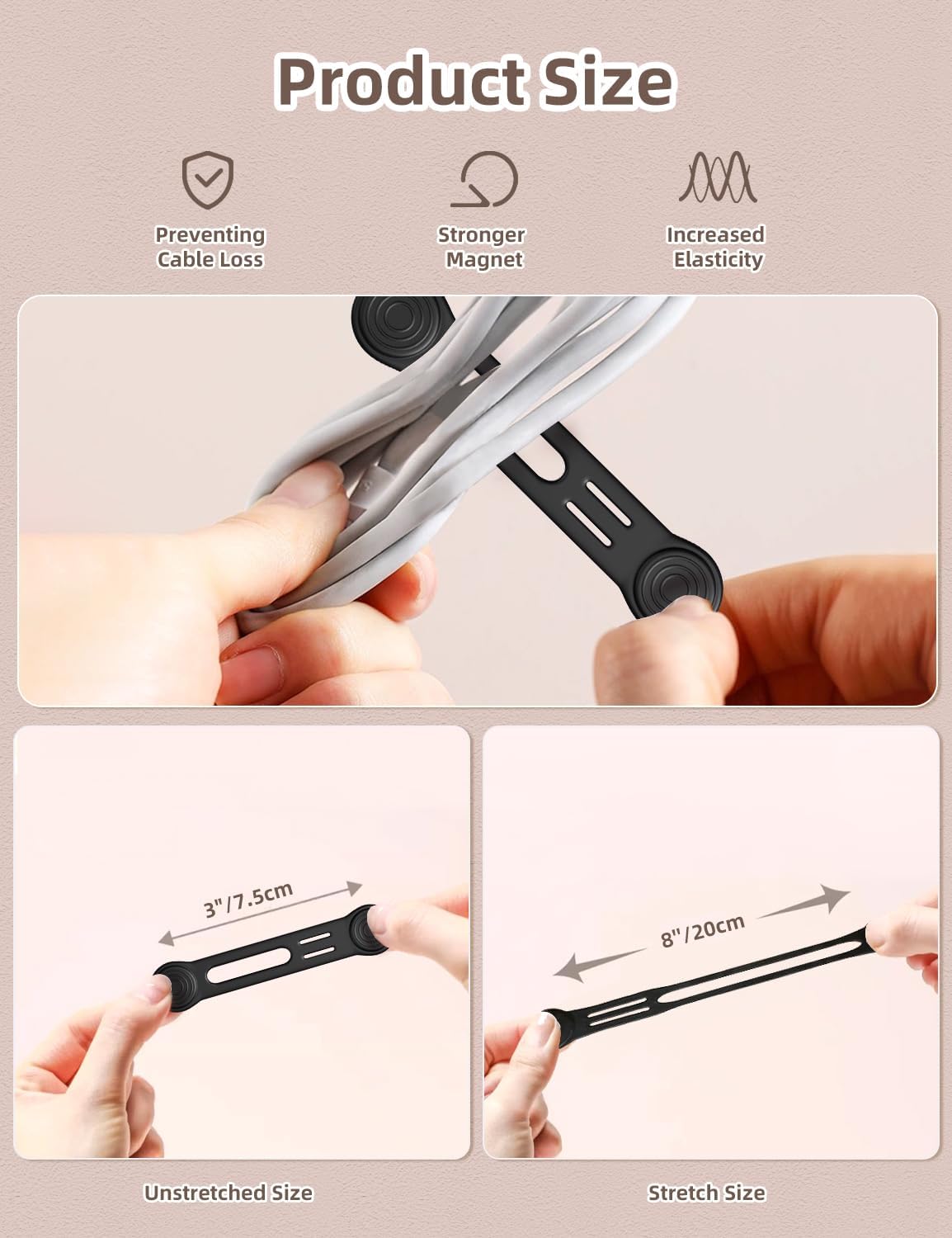 Kanemc Magnetic Ties For Cords, Cord Wrap Silicone Zip Ties Twist Ties Magnet Strap For Smartphone Charger Earphone Video Game USB C Cables (8-Pack, Black)