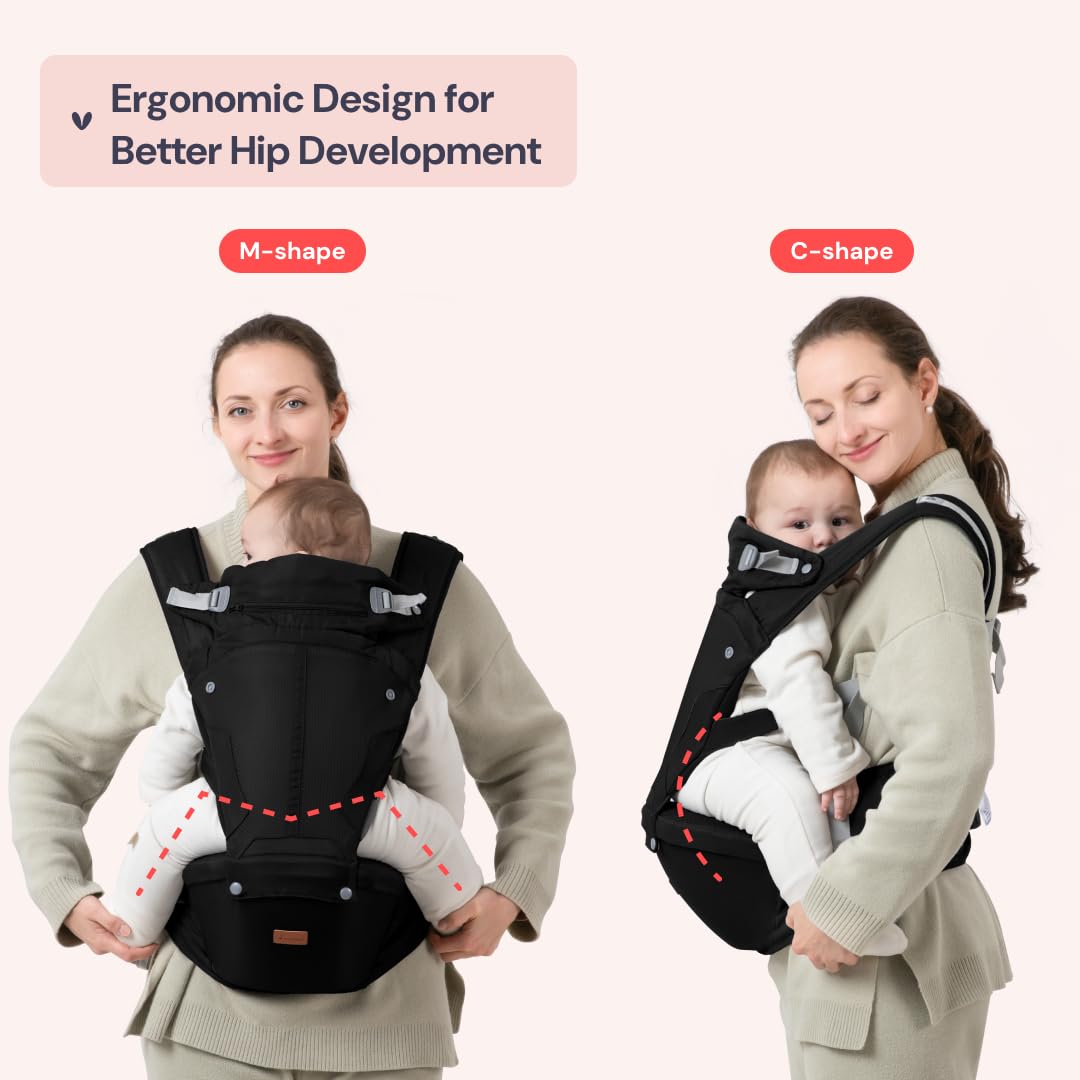 BabbleRoo Grow Carrier – 6-in-1 Baby Carrier with Hip Seat, Ergonomic, Cozy & Adjustable Toddler Carrier 7-50 lbs with Hip & Lumbar Support, Hood for Sun Protection, Newborn to Toddler, Black