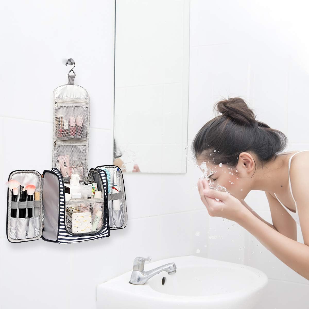 Hanging Travel Toiletry Bag,Large Capacity Cosmetic Travel Toiletry Organizer for Women with 4 Compartments & 1 Sturdy Hook,Perfect for Travel/Daily Use/Christmas