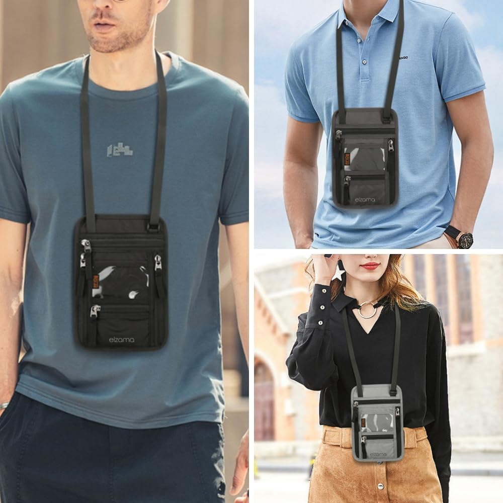 elzama Travel Neck Wallet, Neck Passport Holder, RFID Blocking Passport Wallet Super Slim & Lightweight Travel Pouch Holder for Men & Women (Black)