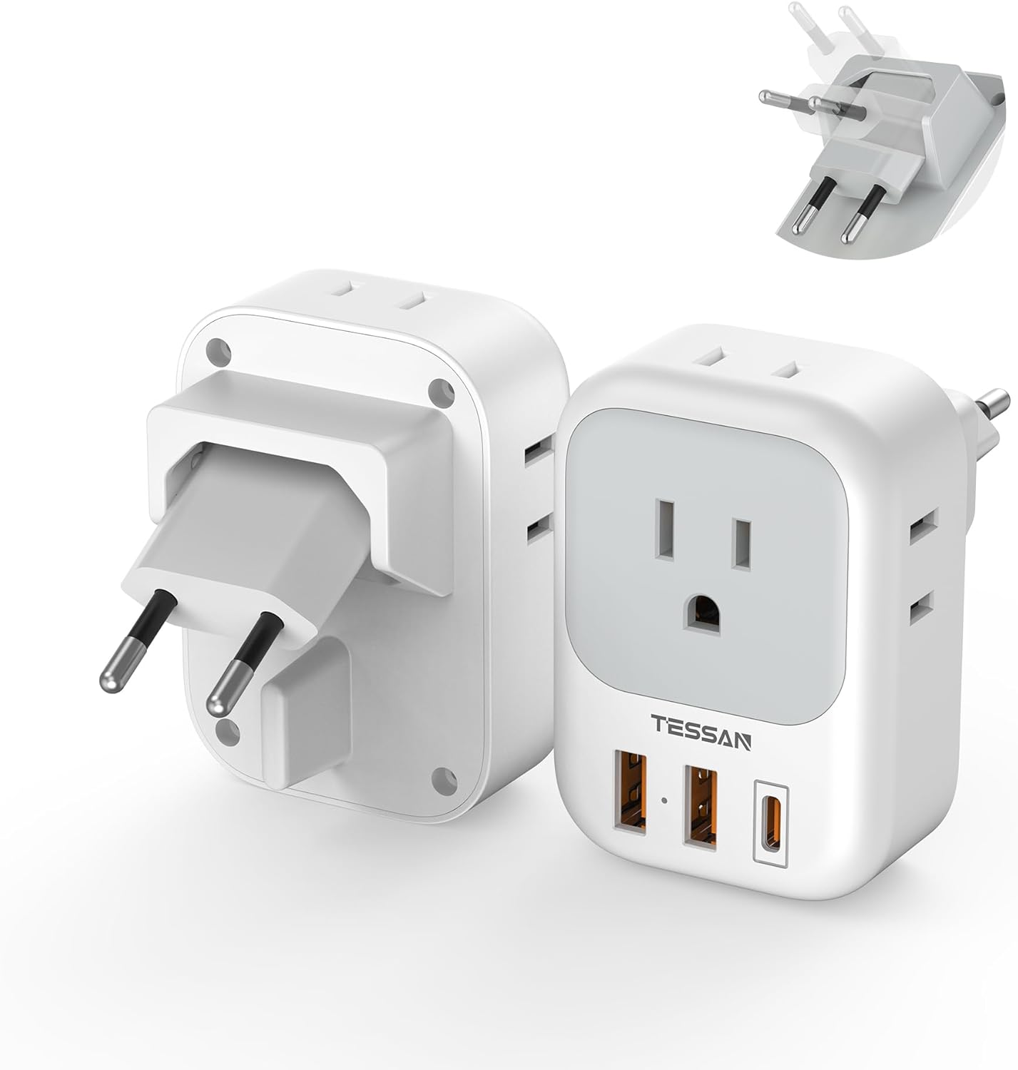 TESSAN European Travel Plug Adapter 2 Packs, Type C Europe Adaptor Foldable Plug 4 Outlets 3 USB(1 USB C PD 20W), US to Spain France Italy Germany Denmark Iceland European Travel Must Haves