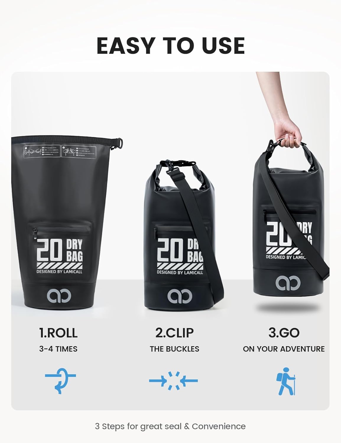Lamicall Dry Bag Waterproof Backpack - [Zippered Pocket] 5L/10L/20L/30L/40L Roll Top Waterproof Bag with Water Proof Phone Pouch, Floatable Drybag for Swimming, Boating, Kayaking, Camping, Beach
