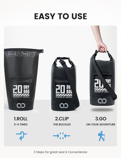 Lamicall Dry Bag Waterproof Backpack - [Zippered Pocket] 5L/10L/20L/30L/40L Roll Top Waterproof Bag with Water Proof Phone Pouch, Floatable Drybag for Swimming, Boating, Kayaking, Camping, Beach